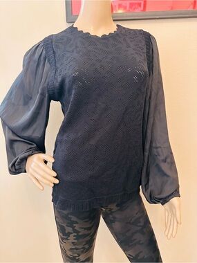 Current Air Black Knit Top with Sheer Balloon Sleeves and Scalloped Neck